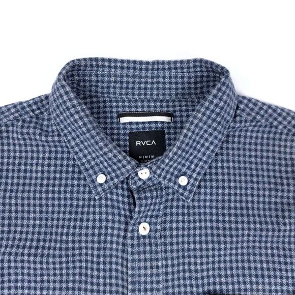 RVCA Flannel Slim Fit Button Down Casual Short Sleeve Shirt Check Navy Blue Gray - Picture 4 of 8